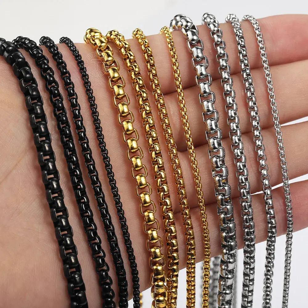 Hermah Box Chain 2/3/4/5mm Silver Gold Black Color Round Box Link Chain Necklace For Men Women Stainless Steel Jewelry 18-30inch