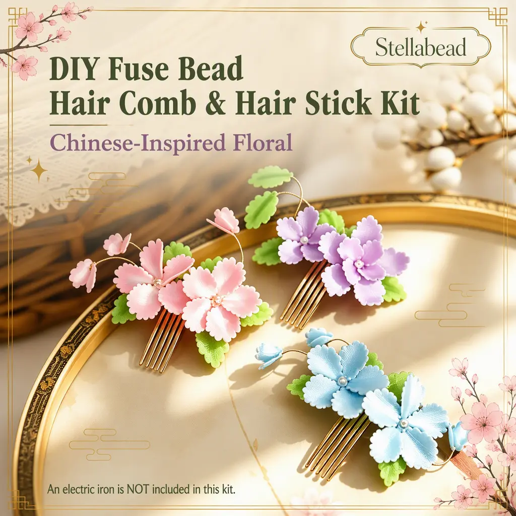 Stellabead DIY Fuse Bead Hair Comb & Hair Stick Kit, Chinese-Inspired Floral Hair Accessories with Tools