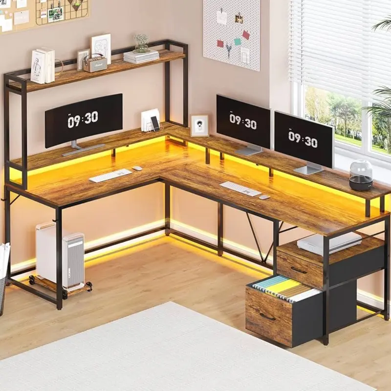 L Shaped Desk, 94.4" Computer Desk with File Drawer & Monitor Shelf for Home Office, Reversible Corner Gaming Desk with Hutch and Led Lights, Two Person Desk, Rustic Brown