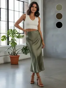 Women's Solid Color Satin Skirt Elegant Fashion Skirt for Work Office Business Ladies Clothes for All Seasons Chic Bottom