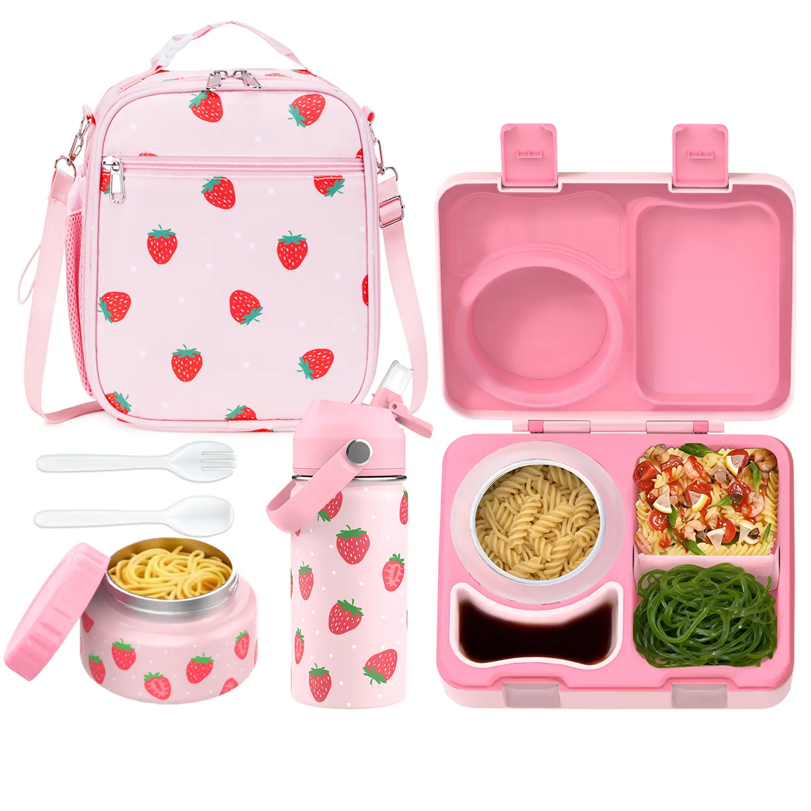 SIMILOVE BPA-Free 304 Stainless Steel Rectangular Kids Lunch Box Set - 8oz Thermo-Insulated Food Jar, Leakproof Bento Tray, Dividers, Ice Pack, Sauce Cup, Utensils, Lunch Bag, Adjustable School Backpack (Party Gift for Bento Box Packing)