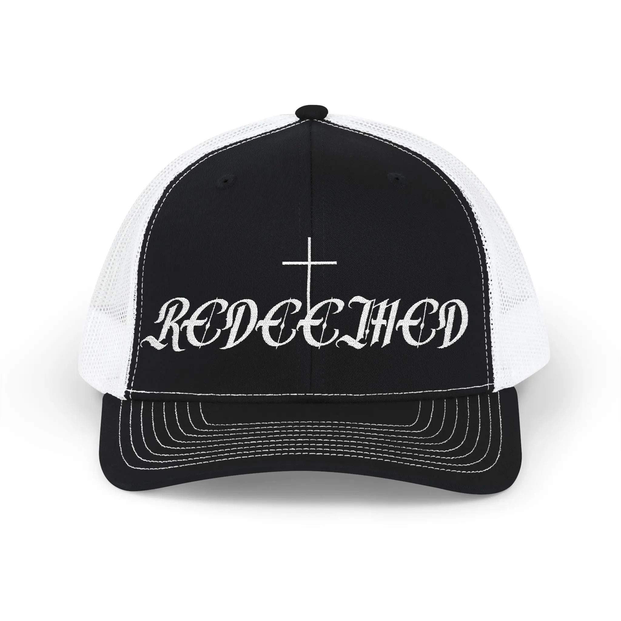 Trucker Snapback Hat with Redeemed Cross Embroidery - Christian Graphic Cap with Breathable Mesh, Adjustable Mid-Profile Fit, Snapback Hats, Men's Snapback Hats
