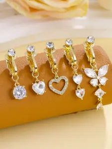 5PCS Gold/Silvery Body Jewelry Set Clip On Belly Button Rings Fake Navel Piercings with Heart Butterfly Crystal Dangle for Women Non Piercing Double Heart Belly Rings Body Jewellery