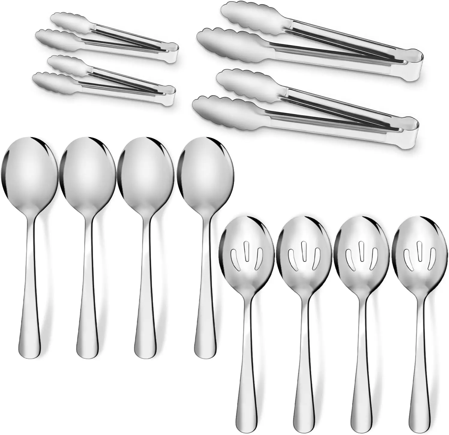 12PCS Stainless Steel Serving Utensils Sets - Large Serving Spoons, Slotted Spoons, Serving Tongs, Appetizer Tongs, Utensills Sets for Buffet Catering Banquet Party (Silver)