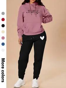 Women's Casual Hooded Sweatshirt Set, Tracksuit Set, Long Sleeve Letter Print Top & Pants, Fall Winter Fitted Sportswear with Pockets, Timeless Sweats, Sweatsuit Matching Set