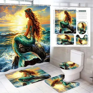 1/4pcs Mermaid Shower Curtain Set - Long Red Hair Mermaid with Iridescent Tail, Sunset Ocean Waves, Blue Gold Accents, Matching Bath Mat + Hooks - Whimsical Beach Theme Bathroom Decor, Home Goods for Ocean Lovers, Housewarming Gift
