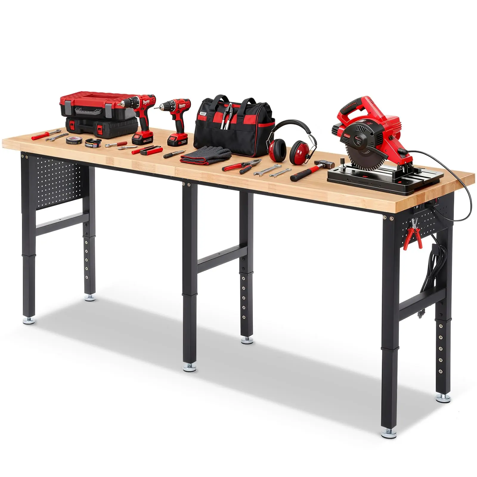 ENJOYWOOD Adjustable Height Steel Frame Freestanding Work Bench - 84'' x 24'' Rubberwood Top, 5000 Lbs Capacity Workstation with ETL-Certified Power Strip, Extended Pegboard, Pre-Drilled Holes, Cord Organizers, USB Ports for Garage, Workshop
