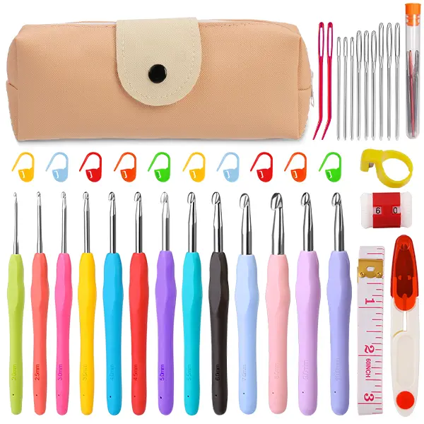 50Pcs Crochet Set Ergonomic soft-grip crochet hooks, including colored hooks, stitch markers, and a storage case. This portable crochet set is perfect for beginners and crochet enthusiasts alike.