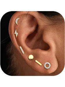 6 Pairs Sterling Silver Stud Earrings Hypoallergenic Earrings Stud Bar Circle CZ Stud Earrings Lightning Bolt Earrings Tiny Stud Earrings Set White Gold Plated Cartilage Earrings Studs for Women Stud Earrings Jewelry Helix Earring