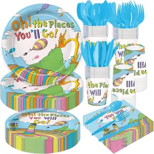 168Pcs Oh the Places You'll Go Party Decoration Kindergarten Graduation Party Tableware Sets Paper Plates Napkins Cups Spoons Knives Forks for 24 Guests202