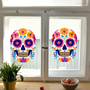 A set (30*30cm*2pcs) of new Day of the Dead colorful skull window stickers, double-sided visible static glass stickers, for beautifying and decorating windows in bedrooms, living rooms, and bathrooms - D15541