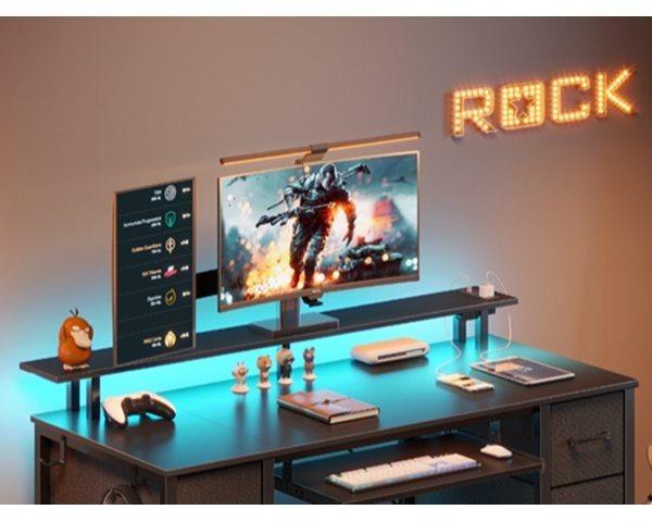 Reversible Computer Desk with Charging Station, Office Desk with Drawers and Shelves, Bureau de Travail, Home Office Desks, Study Table with Monitor Stand