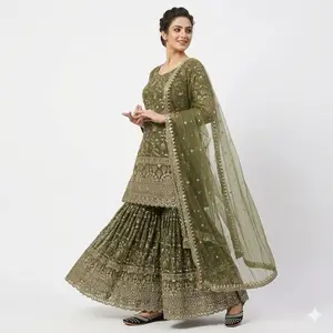 Indian Fancy Gharara Party Wear or Bridal Wear Dress in Olive Green with Embroidered Details and Net Dupatta, Women, Original
