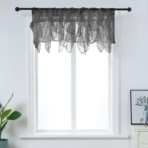 Ruffled Voile Semi Sheer Curtain Valance, Kitchen Living Room Shabby Chic Ruffle Valance Curtains, Girls Daughters Bedroom Cascade Window Valance Black 50x16 Inches