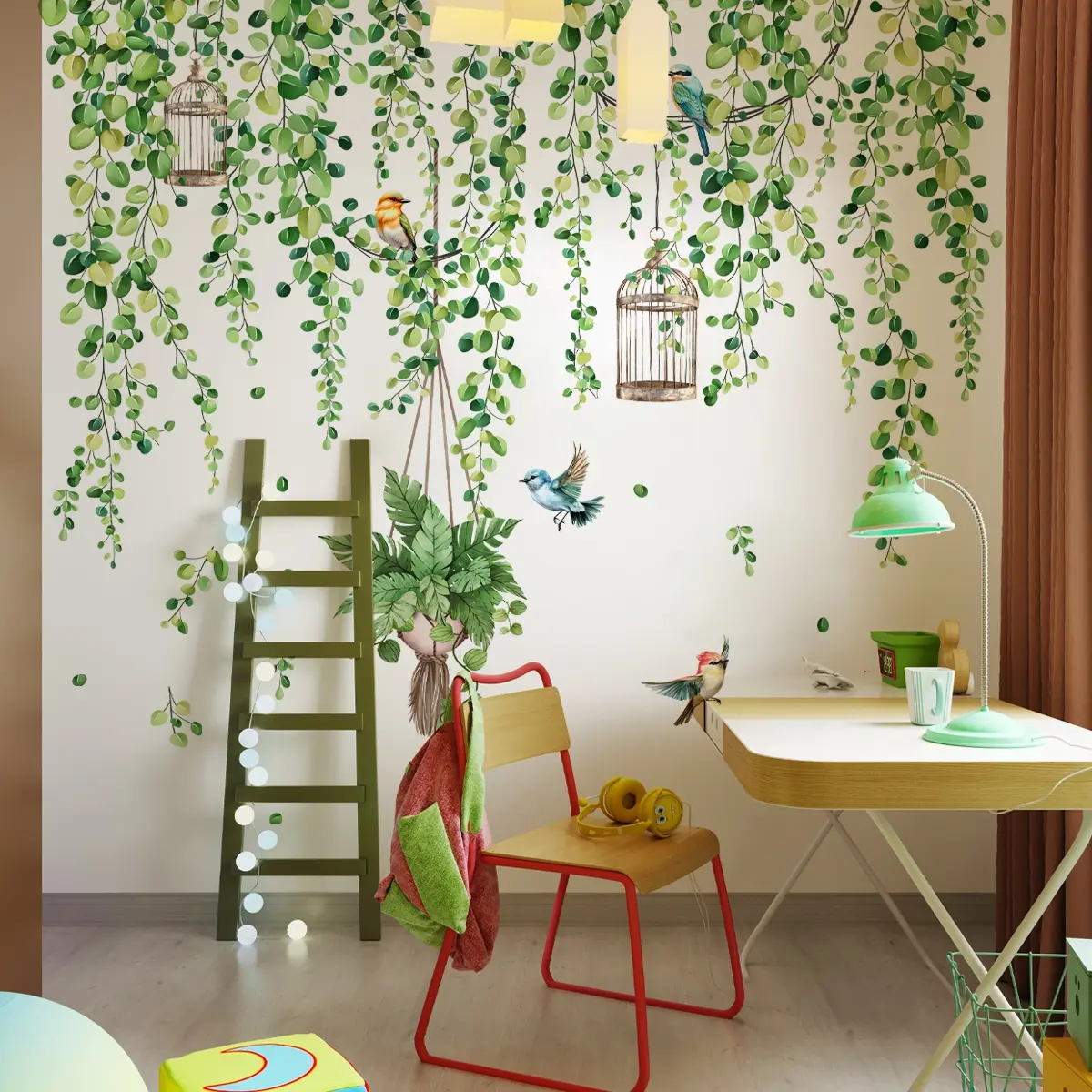 A set of three plant vine and bird wall stickers, Decorative Stickers, for home decoration and beautification, self-adhesive, Decoration Items, M15019-YC