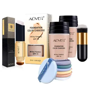 Aliver Foundation Set, Color-Changing Liquid Foundation B-Style (2 Pieces) + Concealer Stick + Brush + Puff, Long-Lasting Waterproof Makeup