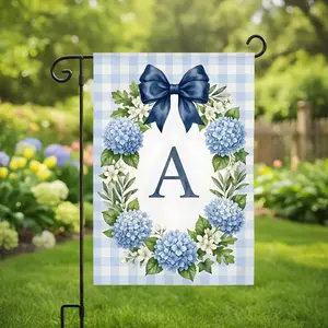 Custom Blue Hydrangea Wreath Initial Garden Flag _ Outdoor Decor _ Gingham Yard Sign _ Spring Floral Welcome Flag