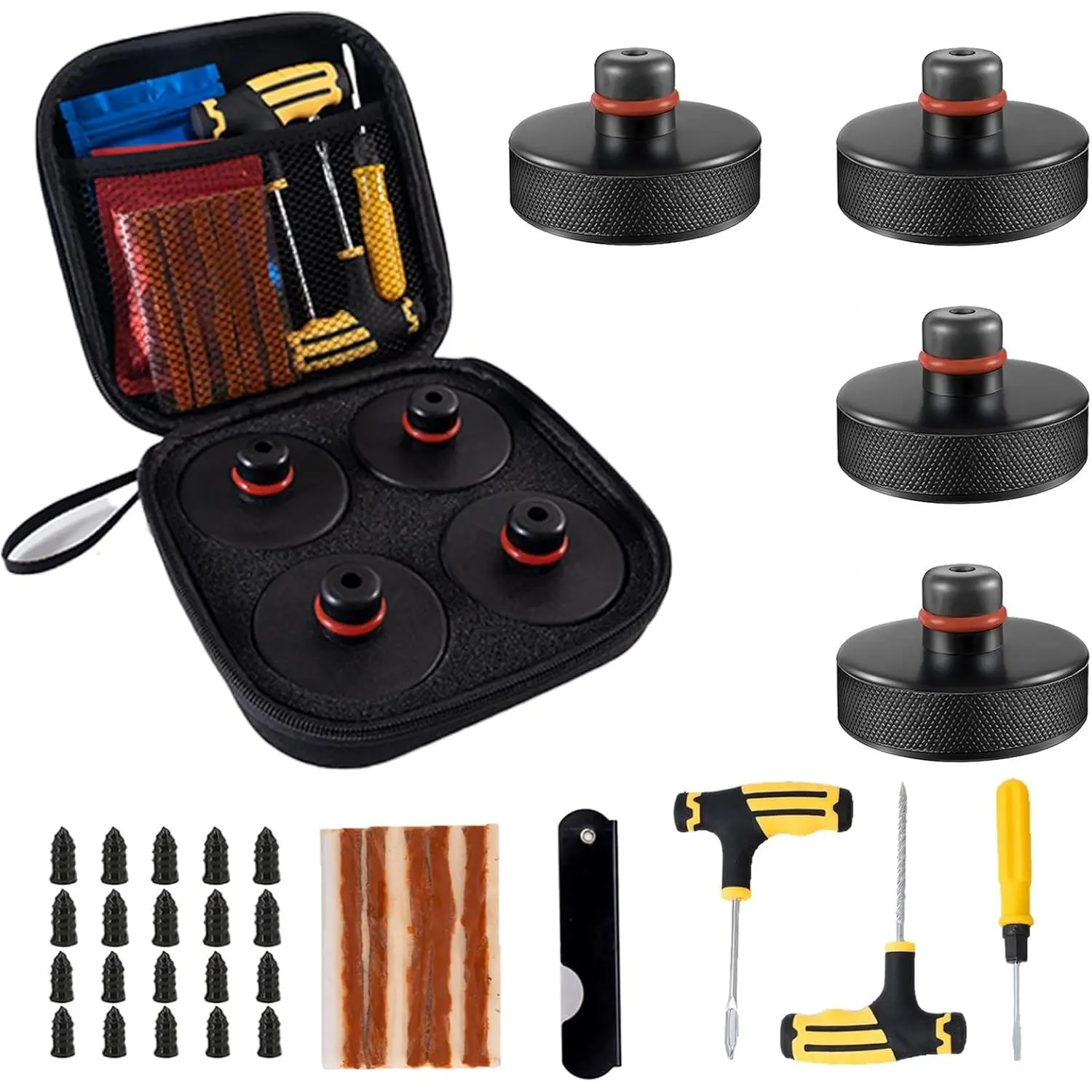 Tesla Lifting Jack Pads - 4-Piece Juniper Pucks Compact Set, with Tire Repair Tools Kit & Storage Case, Compatible with Model Y/3/S/X (2016-2026)