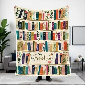 Vintage Bookshelf Library Throw Blanket, Cottagecore Book Wildlowers Blanket Gift For Book Lover Library Gift Floral Bookish Gift For Reader