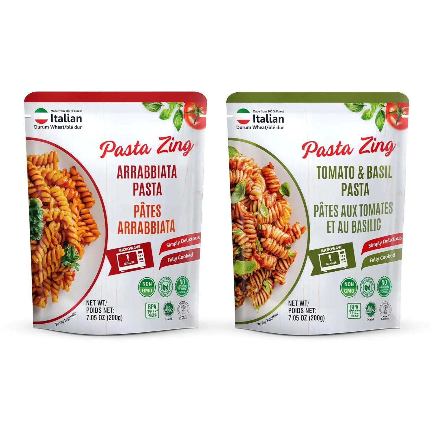 Pasta Zing Italian Pasta Variety Pack – Tomato & Basil & Arrabbiata Fusilli (7 Each) | High Protein, High Fiber, Ready in 1 Minute | Durum Wheat, Clean Label, Shelf-Stable | 7.05 oz (Pack of 14)