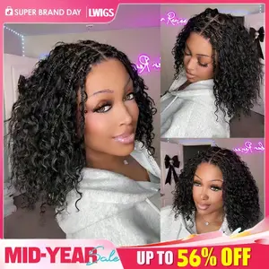 【100%Human Hair】LWIGS Boho Braids Deep Curly Glueless 5x5 Closure Pre-Cut Lace Short Curly Human Hair Braided Wig Natural Black Bohemian Style , cannot be dyed，#summervibes
