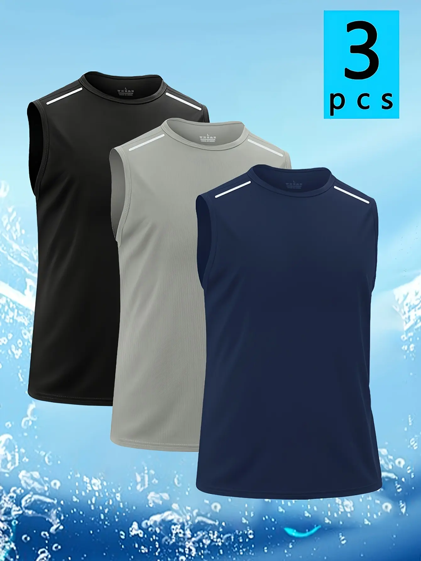 3-pack men’s reflective quick-dry breathable lightweight sleeveless tank tops—sweat-wicking athletic tops suitable for the gym, running, and casual wear; crew neck striped sleeveless tank tops