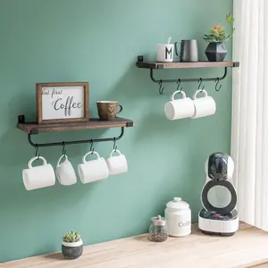Wall Mounted Mug Rack Set – Rustic Coffee Bar Shelf with Hooks, Brown (2-Pack)