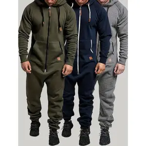 1-piece set - Men's hooded wool lined jumpsuit, long sleeved full zip jumpsuit with kangaroo bag
