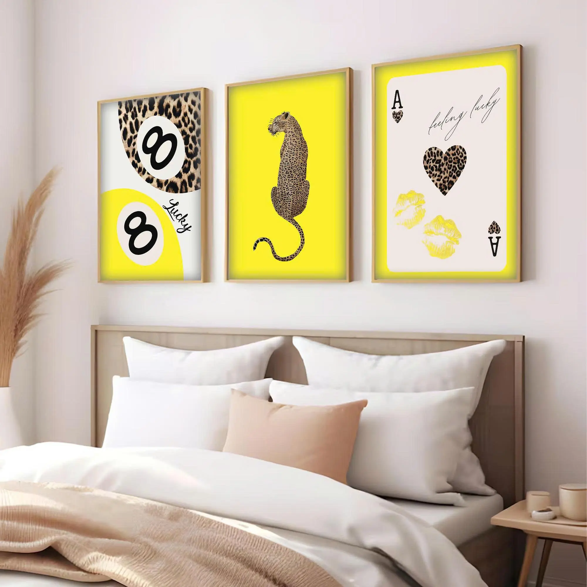 Pink Leopard 3 Piece Canvas Poster Set, Lucky Number and Playing Card Wall Art, Feminine Aesthetic Poster, Bedroom Wall Decor, Teen Room Decor, Living Room Decor, Modern Girly Gift