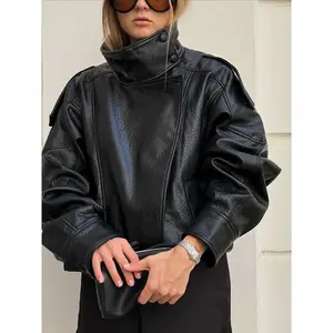 Autumn Faux Leather Jacket For Women Casual Solid Long Sleeve Zipper PU Leather Coats New Fashion Female Streetwear Basic Minimalist Black Hoodie