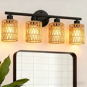 Stylish BathroomVanity Light with 4Heads Featuring A Faux Rattan Woven Texture Shade and Moisture-Resistant Design (Bulbs not Included) Natural Garden Style Warm Lighting with Shadow lamp Decorative Wall Lamp Ambient Decoration Lamp Nightlight For Bedroom