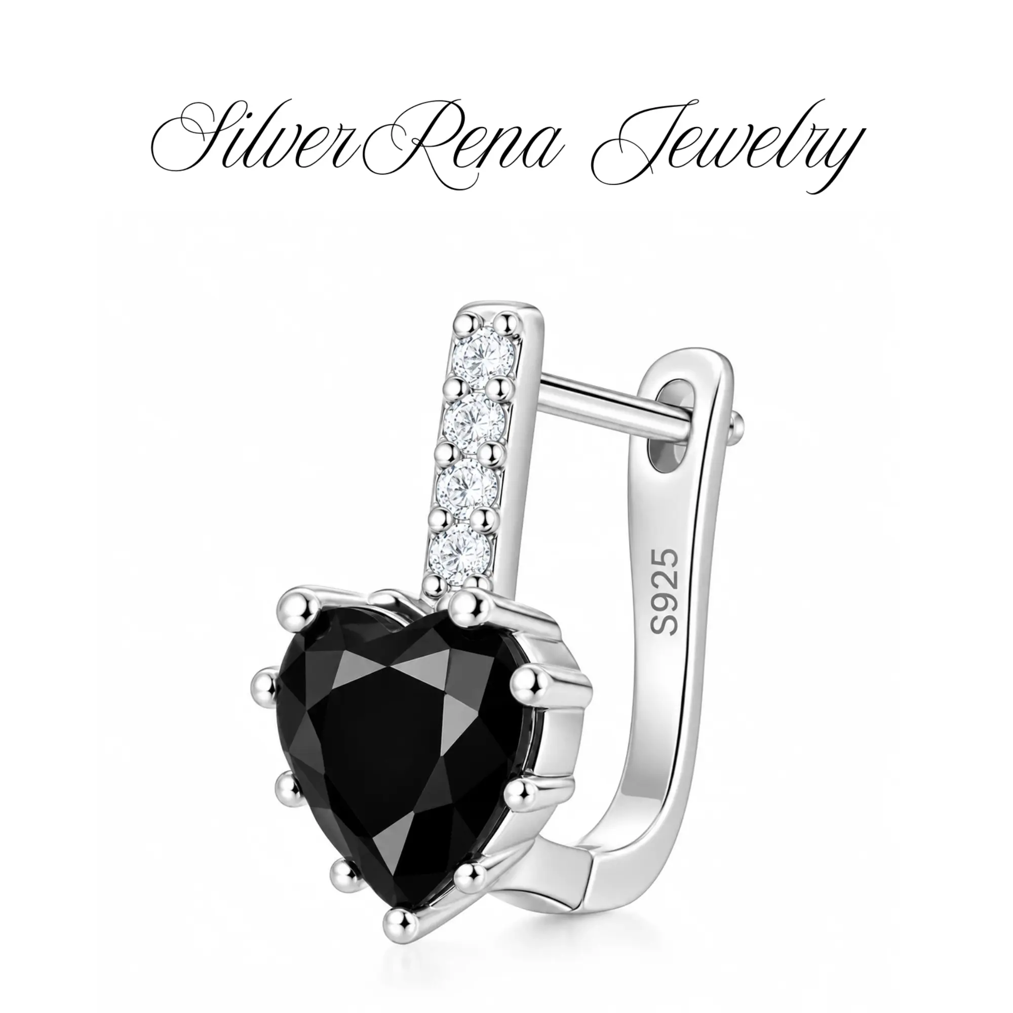 Women's S925 Sterling Silver Crystal-Accented Drop Earrings - Black Heart Silhouette Gemstone, Sparkling Round Prong Setting, Vintage Hypoallergenic Statement Fine Jewelry for Special Events