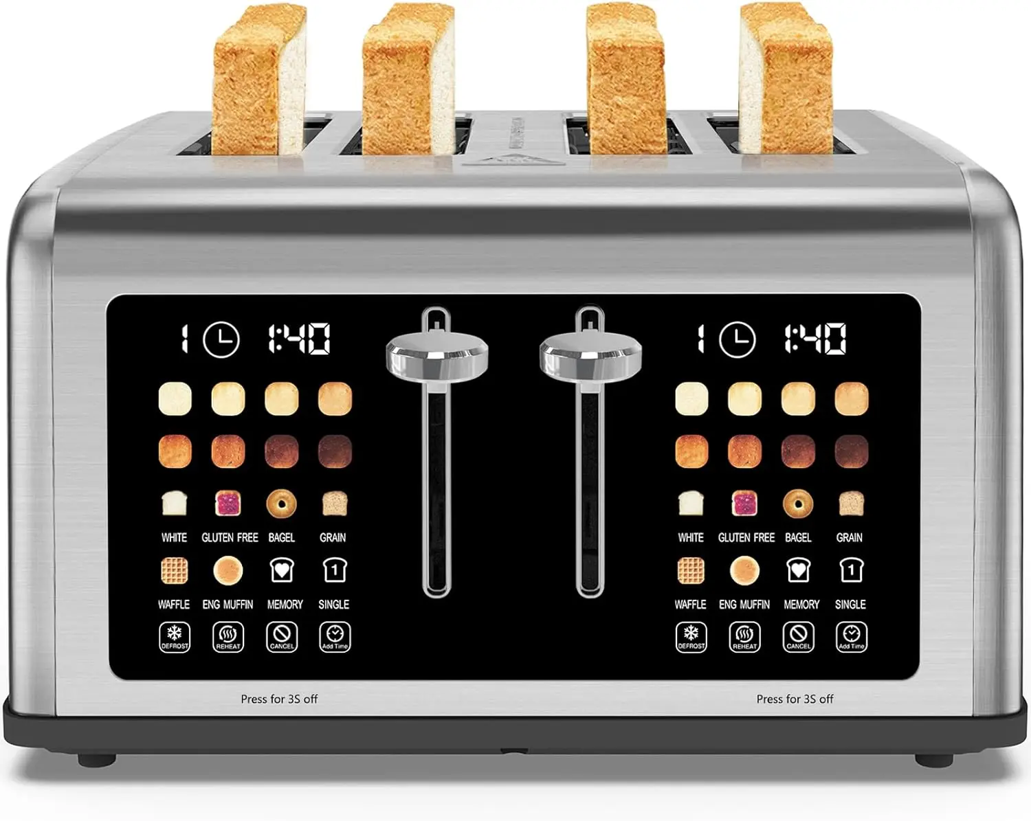 4 Slice Toaster Touch Screen, Stainless Steel Toasters Digital Timer, Dual Control Panel Toasters, 8 Shade Settings 6 Bread Types for Bagel, Cancel, Defrost 1650W Silver