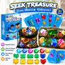 DOIOWN Unisex Kids Pirate Theme Pool Dive Playset - Underwater Treasure Hunt with 60 Sinking Gems, Chest, 35 Cards, Realistic Diamonds, Neon Hearts, Breath Control Tool, Color & Shape Recognition Toy, Mesh Bag Cleanup, Practice Rounds, Ages 3-10 Gift