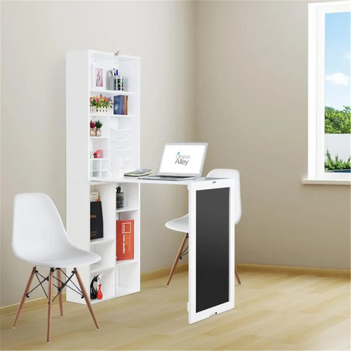 Utopia Alley Laminate MDF Compact Cabinet Desk - Collapsible Fold-Down Wall Cabinet with Chalkboard, Multi-Shelf Cubbies, Bottom Shelf, 19.7in L x 37in D x 60in H, Flexible Home Office Storage for Scrapbooking, Homework (Folding Desks & Workstations)