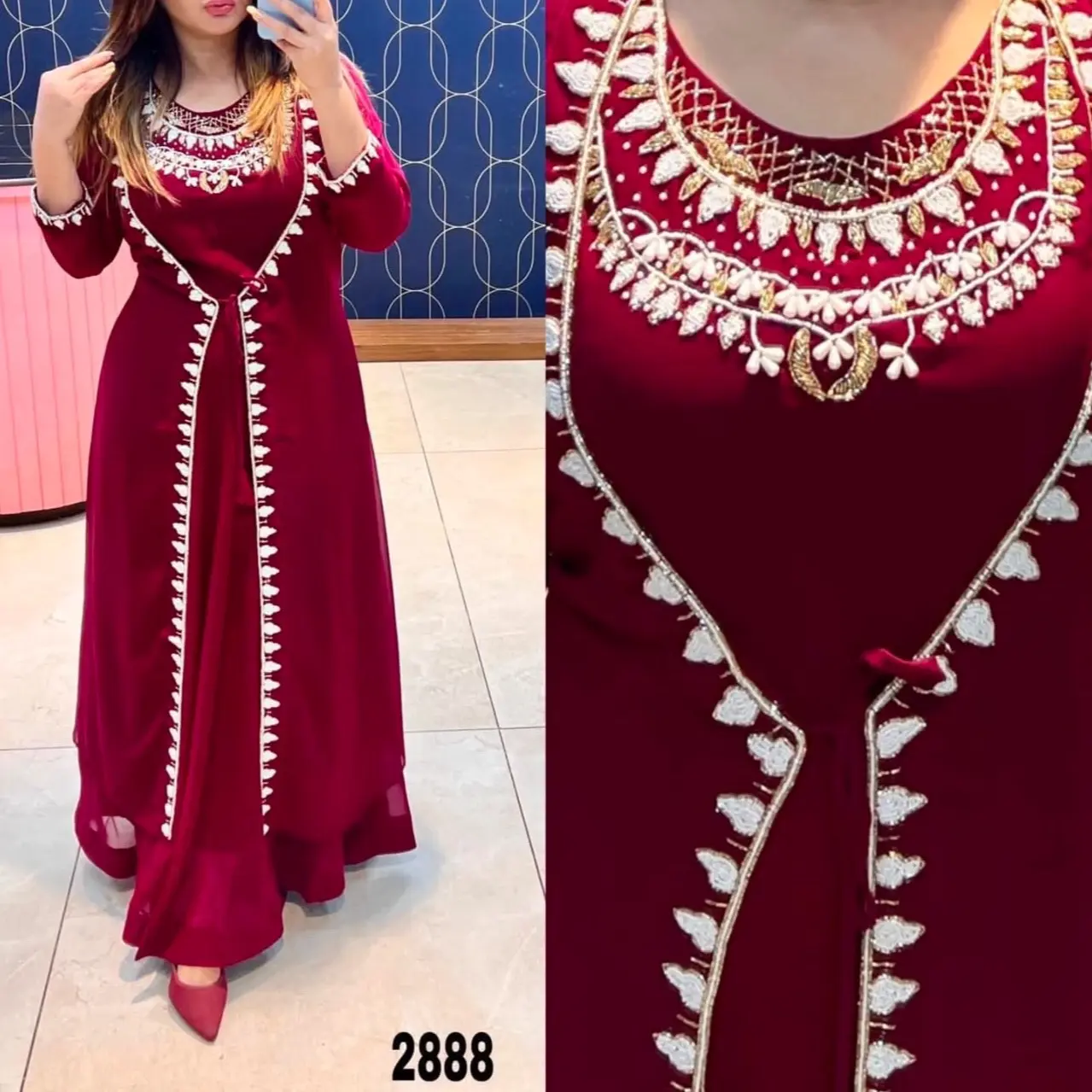 Maroon color Size L-38/40   Georgette Gown with Handwork, Elegant Long Maxi Dress - 57" Length - Georgette Fabric