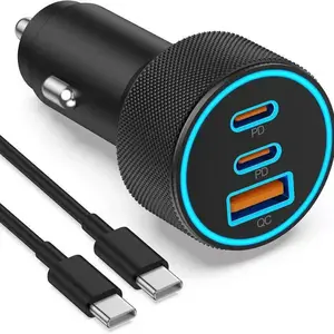 USB-C Car Phone Charger, 3 Ports, 67W, High Speed Charger, Dual USB-C and USB-A Car Power Adapter, PD Fast Charge Car Charger