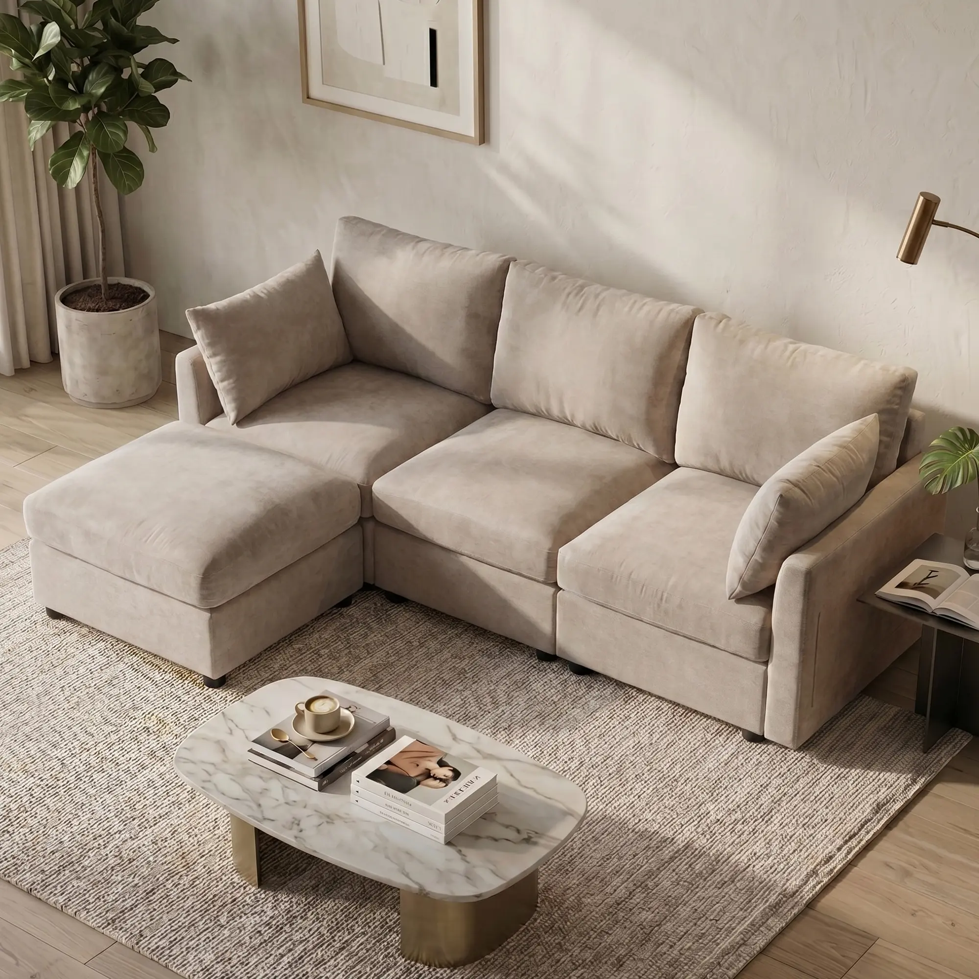 Tbfit Modular Cloud Sectional Sofa - L-Shaped Chenille Cloud Couch with Ottoman, Spring Cushions, Convertible Layout, Khaki, Modern Cloud Sectional Couches for Living Room, Deep SeatSofa, Furniture