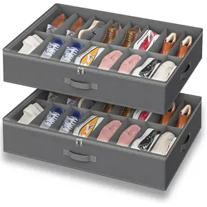 Under Bed Shoe Storage Organizer for Closet, Fits 32 Pairs Underbed Shoes Box Storage Containers Under the Bed Storage Foldable with Sturdy Handles&Clear Window for College Dorms Light Grey, Set of 2
