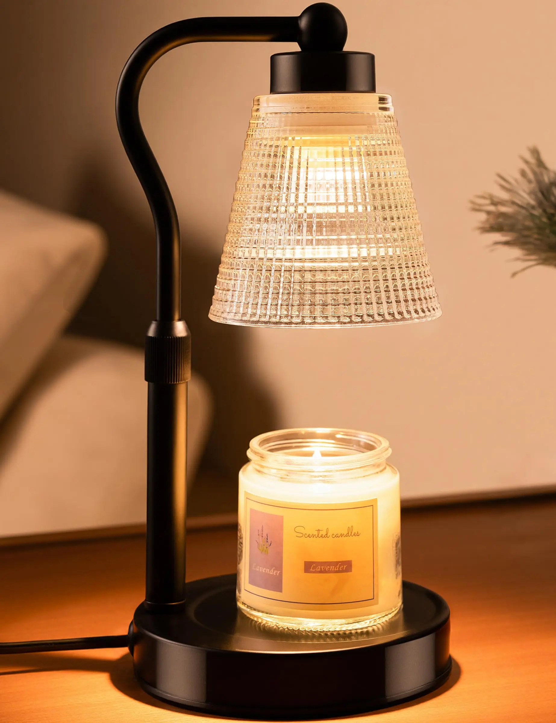 Black-Clear Metal Jar Candle Warmer Lamp - Height-Adjustable, Dimmable Glow, 2/4/8H Timer, Flameless, Smokeless, Fragrance Release, Feminine Room Decor, Home Supplies, Yoga Spaces Use, Gift for Women, 1 Pack