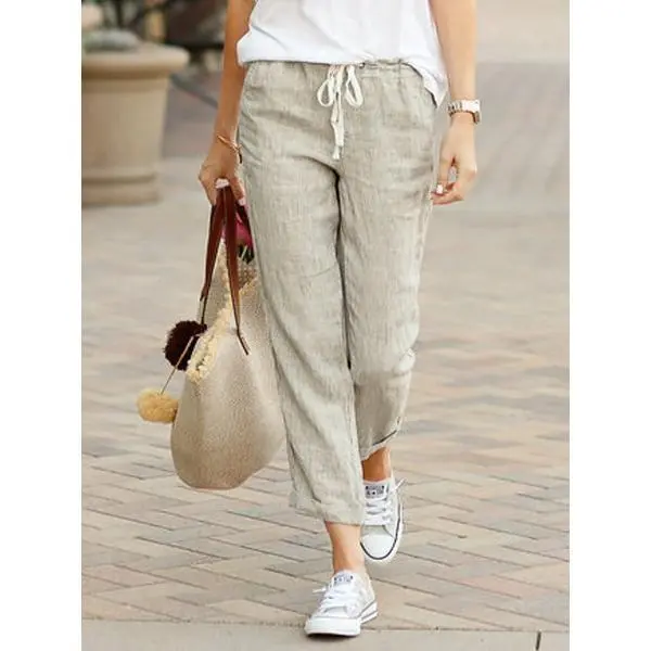 Spring and Autumn new solid color loose casual drawstring elastic waist cotton and linen trousers