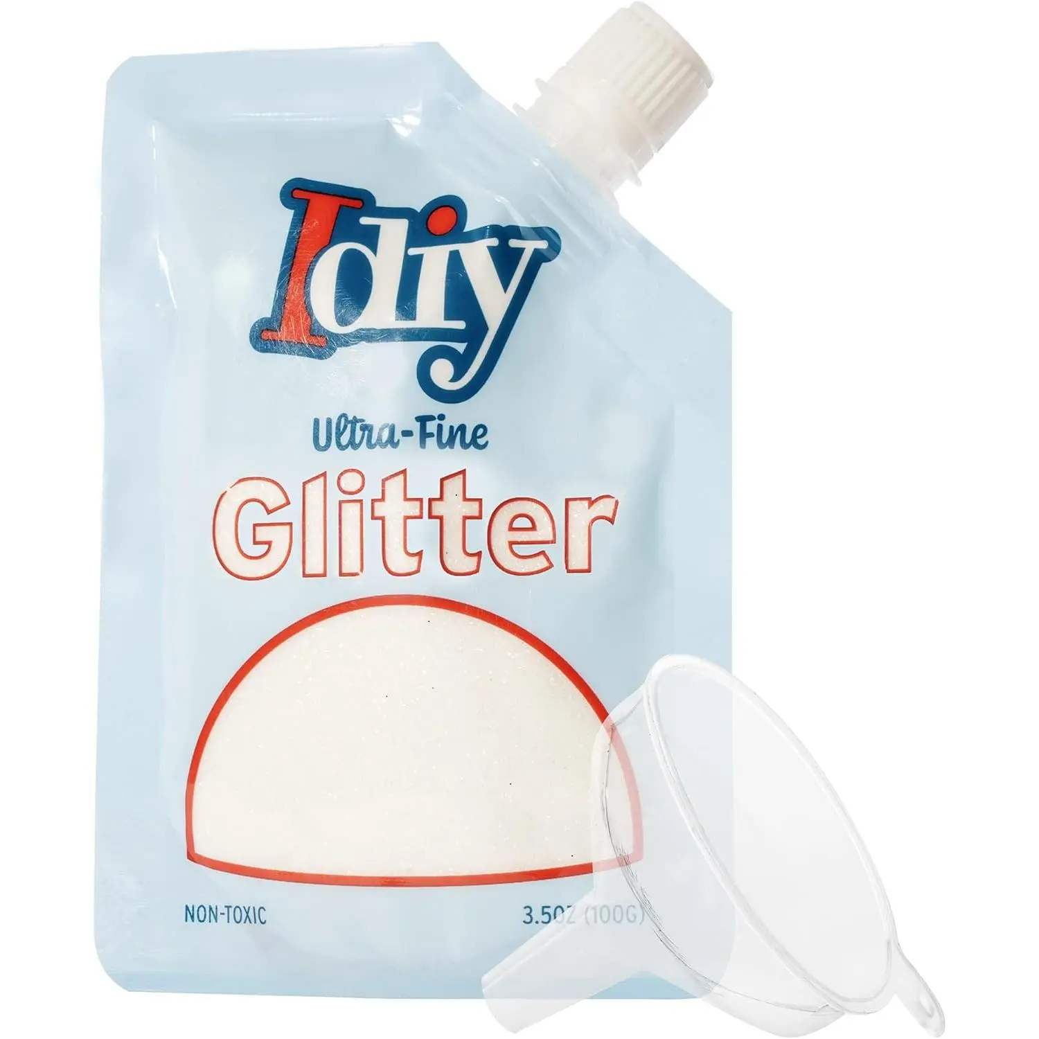 iDIY Ultra Fine Glitter (100g, 3.5 oz Pouch) w Easy-Pour Bag & Funnel-Snowfall White -Non-Toxic, DIY Arts & Crafts, School Projects, Festivals, Resin