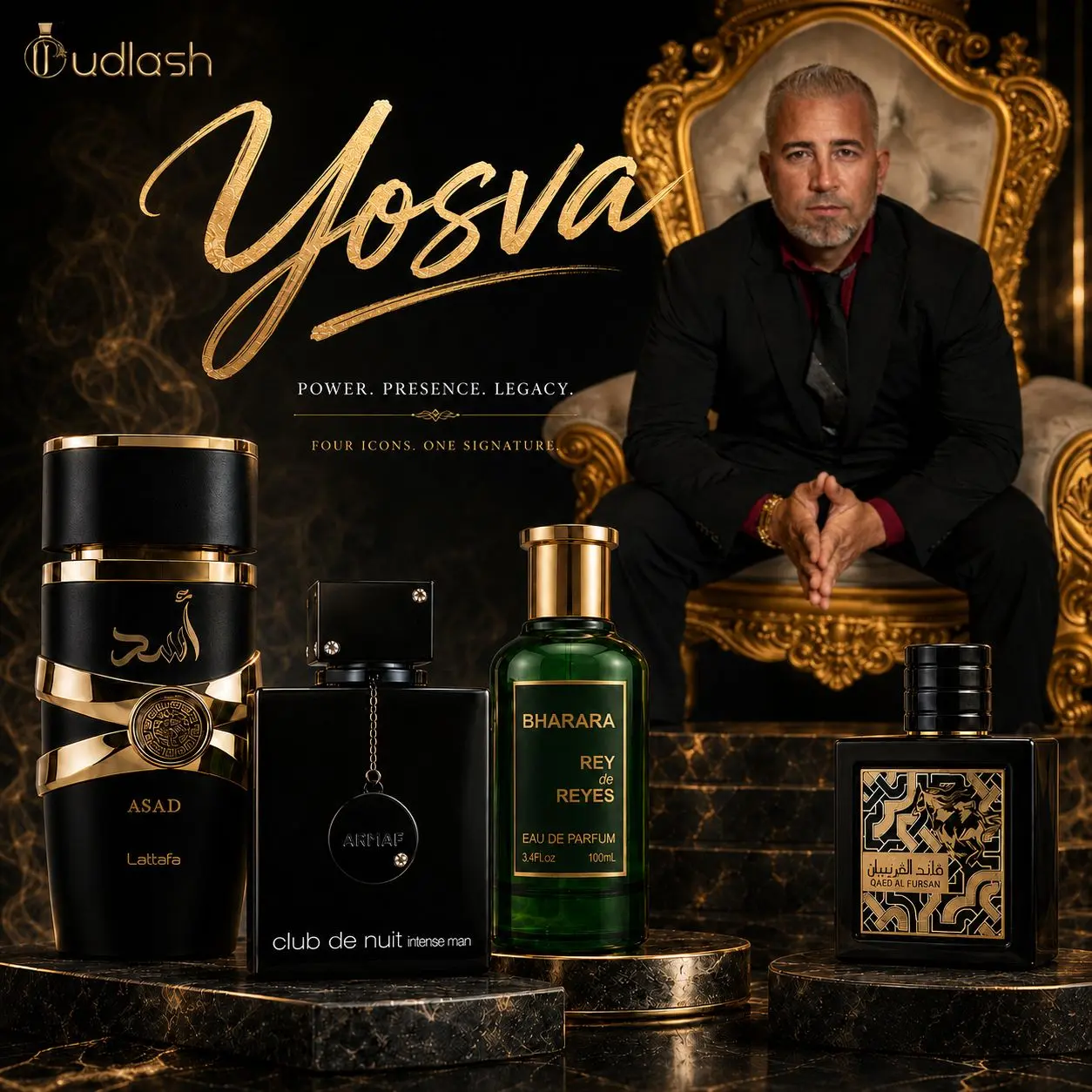 El Yosva Bundle | Lattafa Asad + Lattafa Qaed Al Fursan + Bharara Rey De Reyes + Club De Nuit Intense Man | Men's Fragrance | 100 ML -3.4 OZ | Eau De Parfum | Lemon - Pineapple & Bergamot