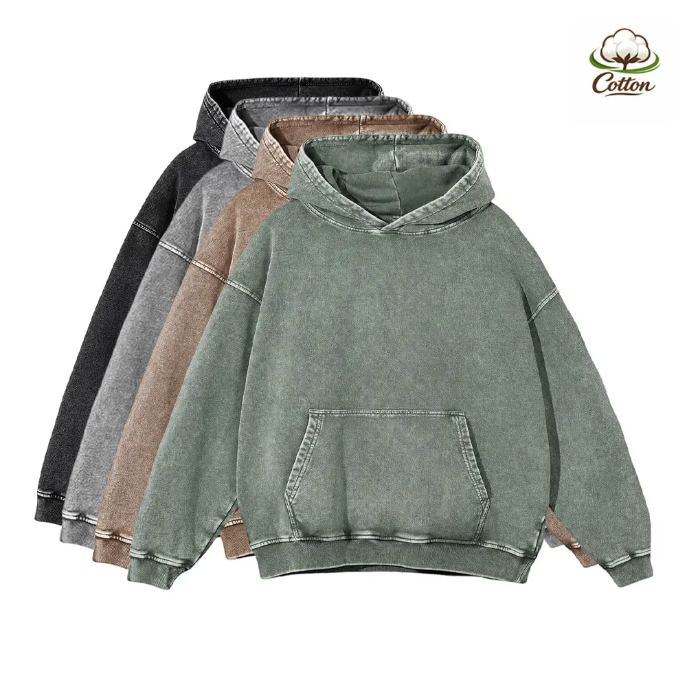 Men’s heavyweight acid-wash pure cotton hooded sweatshirt; women’s and men’s same style, suitable for autumn and winter wear.