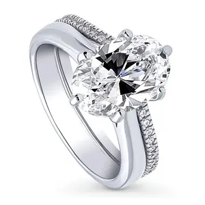 BERRICLE Sterling Silver Solitaire Wishbone Engagement Rings Statement Stackable Band for Women, 3 Carat Oval Cut Cubic Zirconia CZ Ring Set