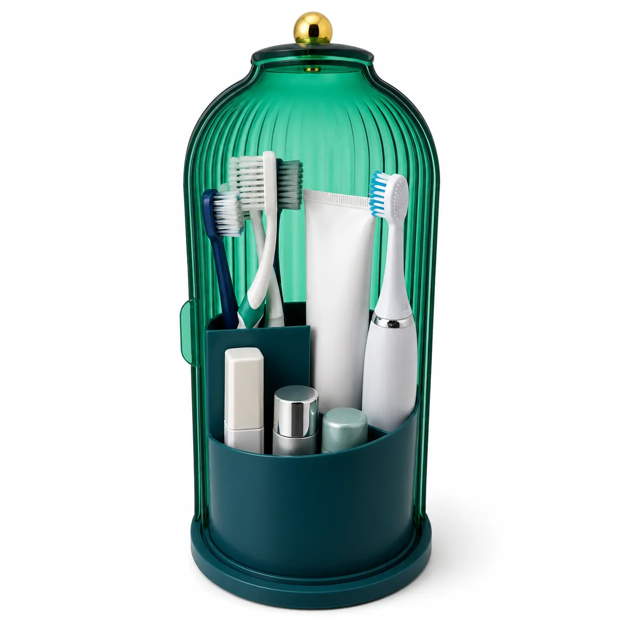 360° Rotating Toothbrush Holder with Cover, Dustproof Electric Toothbrush and Toothpaste Organizer for Bathroom Countertop, Multi-Purpose Storage Caddy for Makeup Brushes and Tools, Aesthetic Vanity Decor with Gold Accent, Modern Family Toothbrush