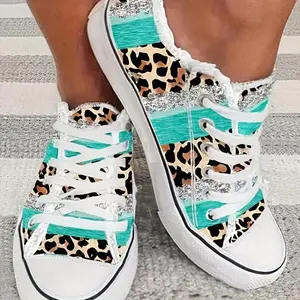 (New)[Leopard Print Sneakers] Leopard Print Women's Casual Sneakers - Lightweight Fabric Upper, Raw Trim Detail, Lace-Up Low Tops with Rubber Sole, Round Toe, All-Season Wear, Teal Stripe Design
