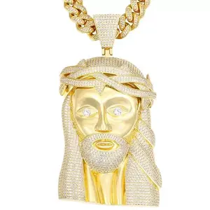 2200  Iced-Out Jesus Head Pendant | Blinged-Out Religious Statement Charm for Hip Hop Streetwear Vibe outdoorfun