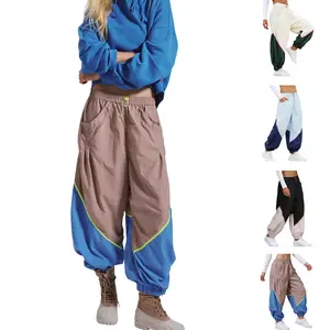 Molitree Womens Freeflow Pants Color Block Parachute Wide Leg Jogger Pants Drawstring Waist Cargo Sweatpants with Pockets Mid-rise Relaxed Fit Lightweight Breezy Nylon Fabric
