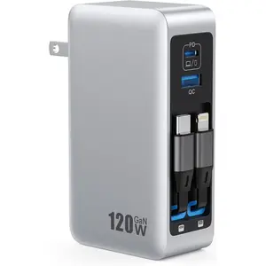 120W USB C Charger Block with 2 Built-in Retractable Cables,4-in-1 GaN IV Foldable Plug Wall Charger   Station,PD 65W Laptop Adapter for MacBook/iPad, 17/16/15/14,Galaxy,Android etc
